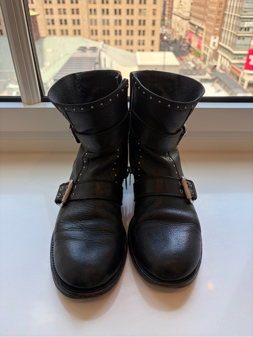 Jimmy Choo Black Leather Combat Boots with Stud and Buckle Details